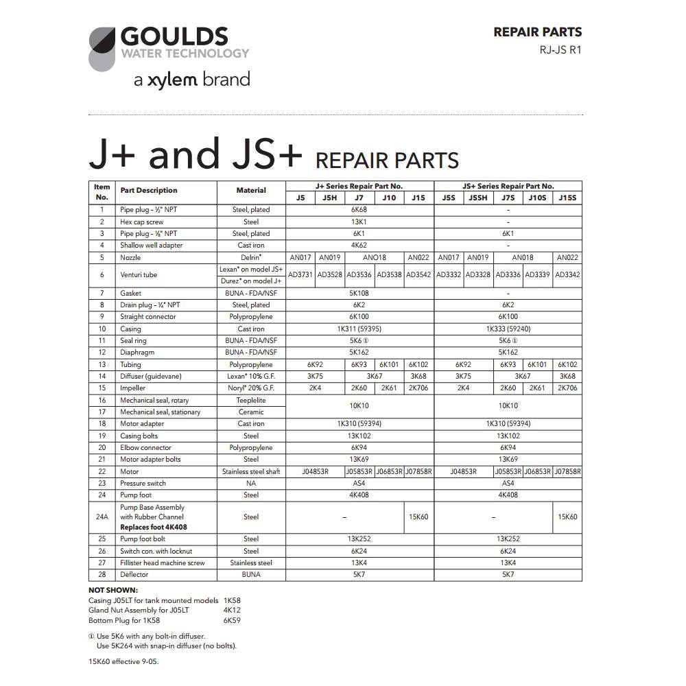 Goulds Repair Rebuild Kit for J5S Shallow Water Well Jet Pump 1/2HP J5S3 - Jet Pump Rebuild Kits